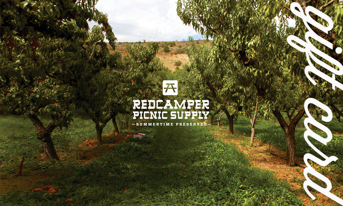 RedCamper Picnic Supply Gift Card -Summertime Preserved- Image on gift card of Peoria Colorado Peach Orchard in Spring