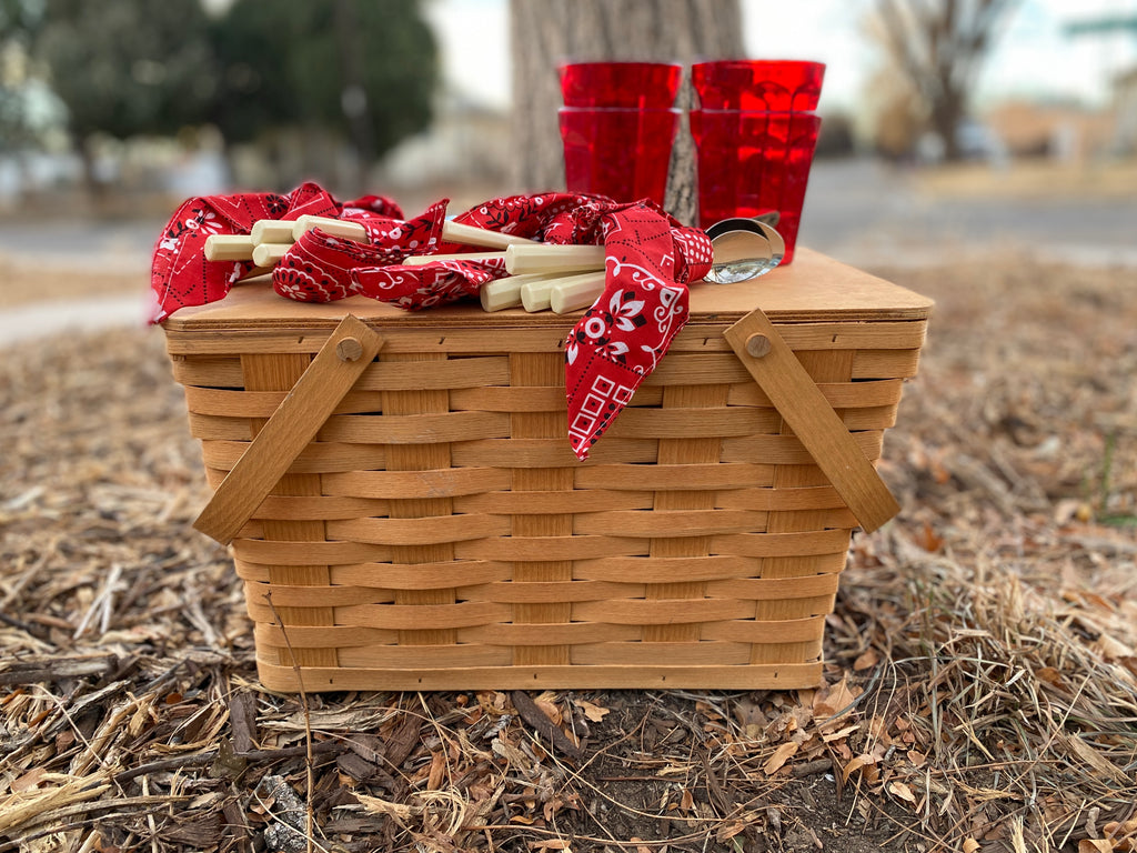 Picnic Ware - 1970s? Woven Wood Picnic Basket, Fully Stocked!