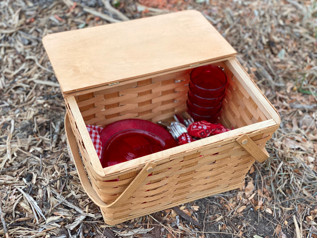 Picnic Ware - 1970s? Woven Wood Picnic Basket, Fully Stocked!