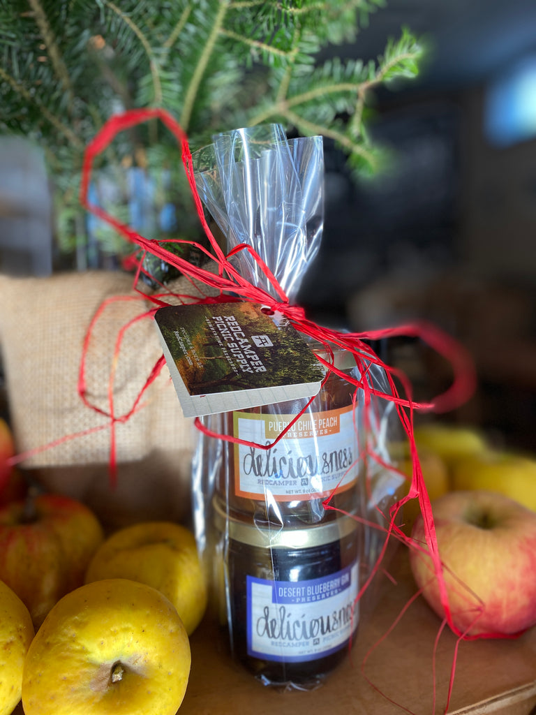 Red Camper Jam Two Pack Giftset 2 jars of Deliciousness Preserves - Pueblo Chile Peach and Desert Blueberry Gin in cellophane  