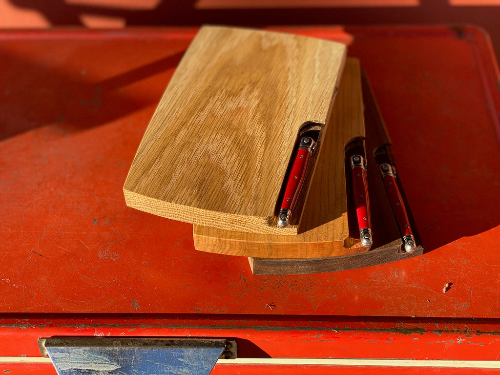 Hand Carved wooden cutting board with magnetized knife compartment, perfect picnic cheeseboard, glamping gear 