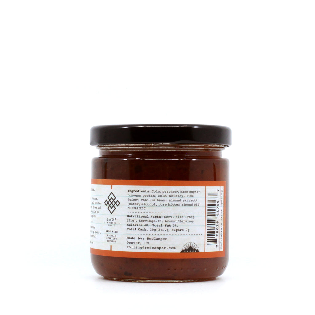 Organic Colo. Peaches, Sugar, Pectin, Laws Whiskey, lime, vanilla bean, almond extract - organic 