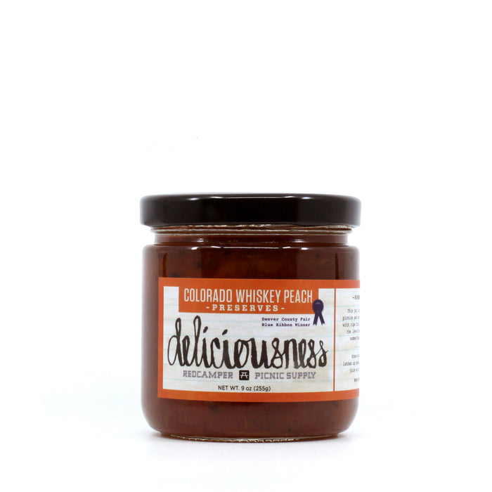 Jar of Deliciousness Jam handcrafted Colorado Whiskey Peach Preserves Blue Ribbon winner - Denver County Fair - Red Camper