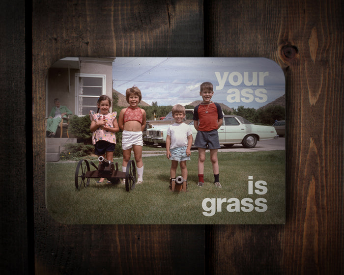 RedCamper Retro Greeting Card 1960’s slide photo of 4 kids in suburban yard with mini cannon - text says your ass is grass