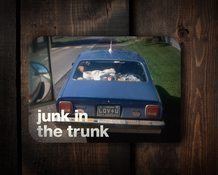 RedCamper Retro Greeting Card 1960's Slide Image - Old Car Lov+U plates Junk in the Trunk 